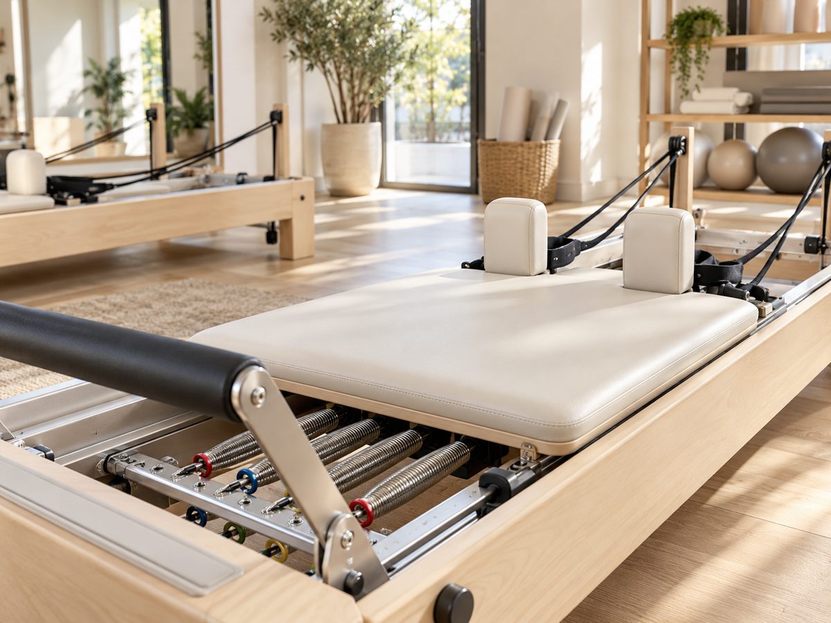 Aparelho reformer de pilates em detalhe
