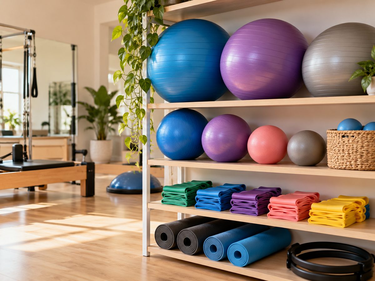 Bolas e acessórios de pilates organizados no estúdio