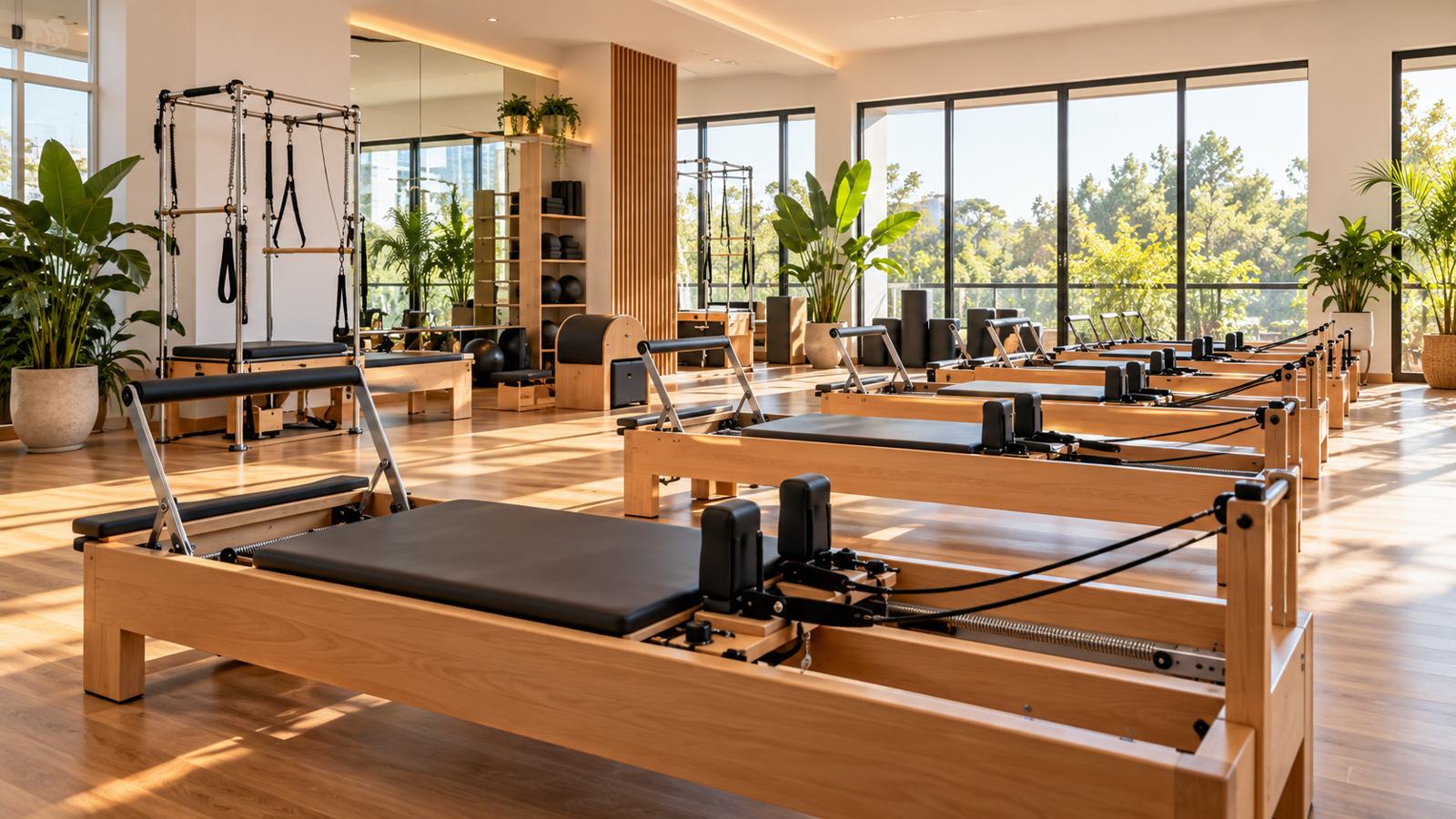 Estúdio de pilates iluminado com aparelhos reformer